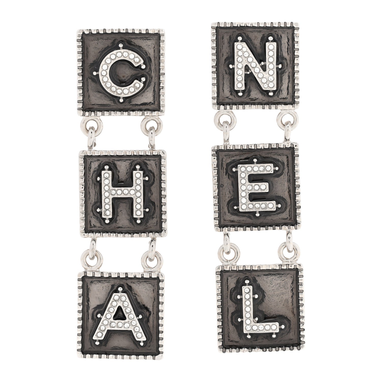 Chanel Metal Crystal Cha-Nel Logo Drop Earrings Silver 1 of 5