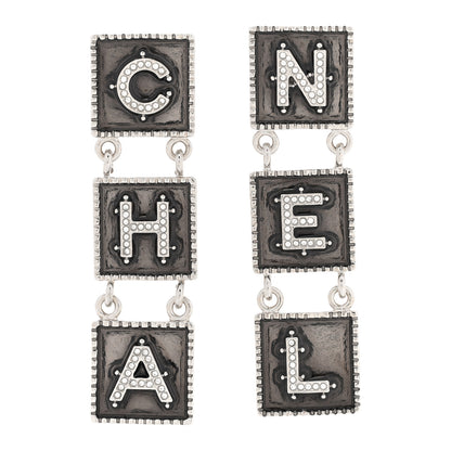 Chanel Metal Crystal Cha-Nel Logo Drop Earrings Silver 1 of 5