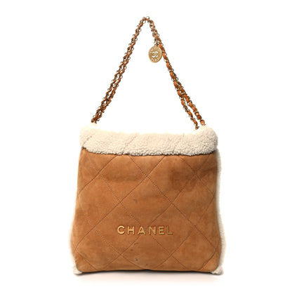 Chanel Suede Shearling Quilted Small Chanel 22 Brown White 1 of 13