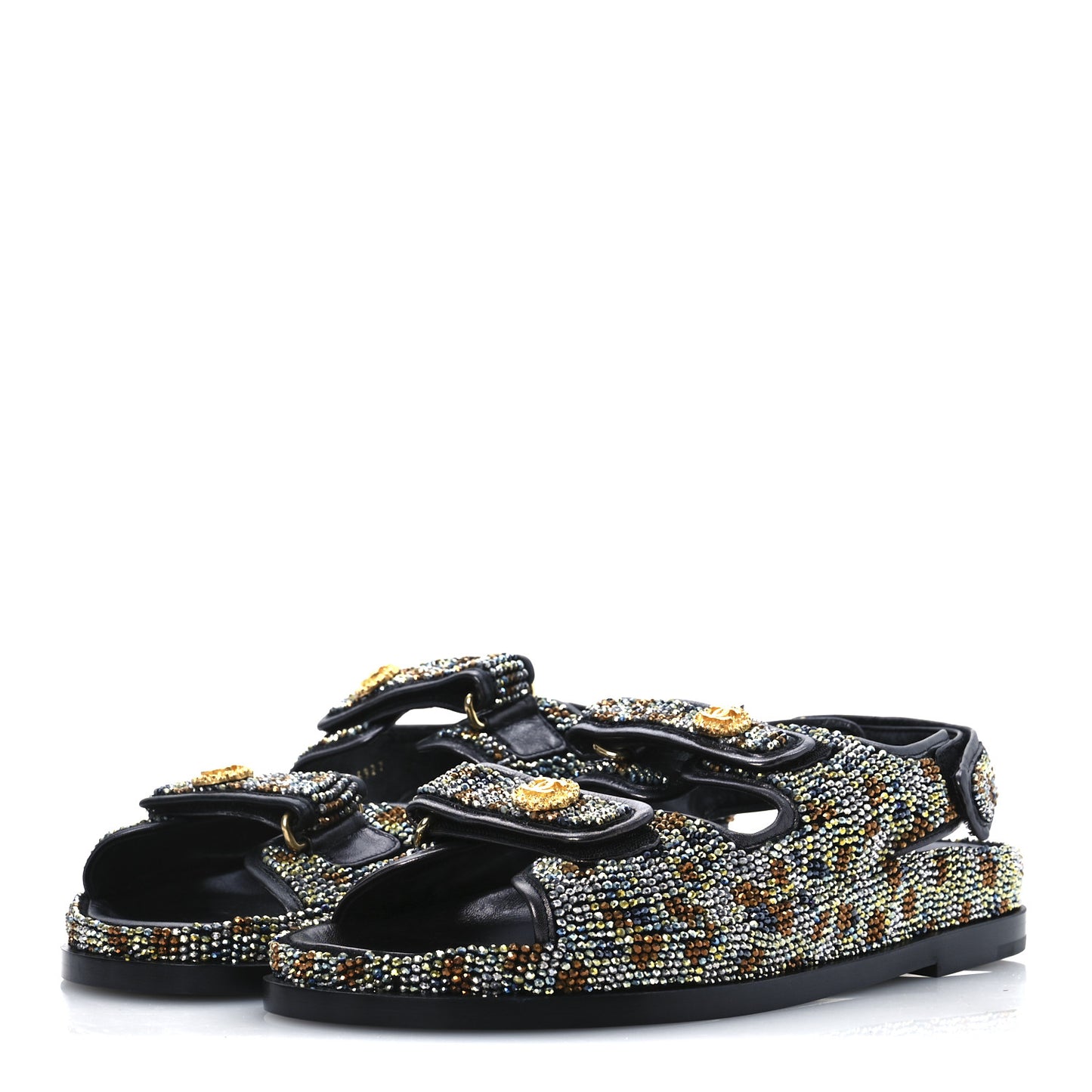 Grained Calfskin Crystal Velcro Dad Sandals 40 Black Multicolor
