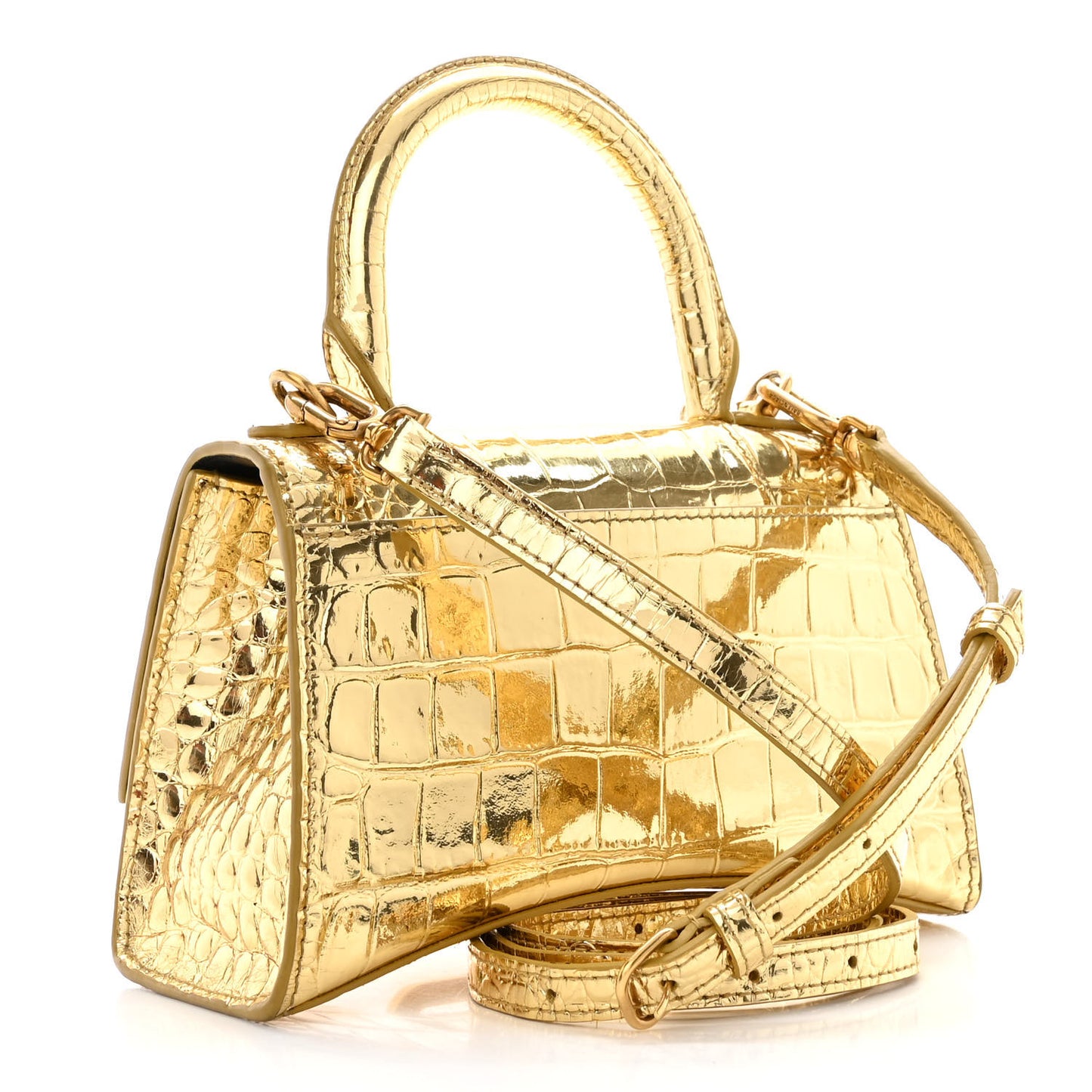 Metallic Calfskin Crocodile Embossed Hourglass Top Handle Bag XS Gold