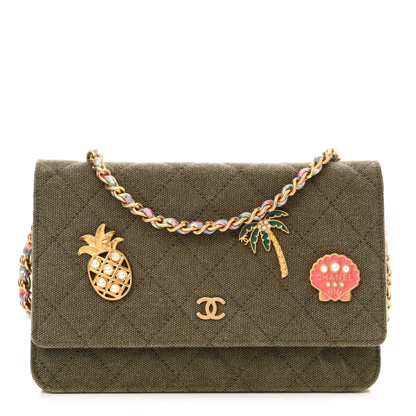 Canvas Quilted Coco Cuba Charms Wallet On Chain WOC Khaki