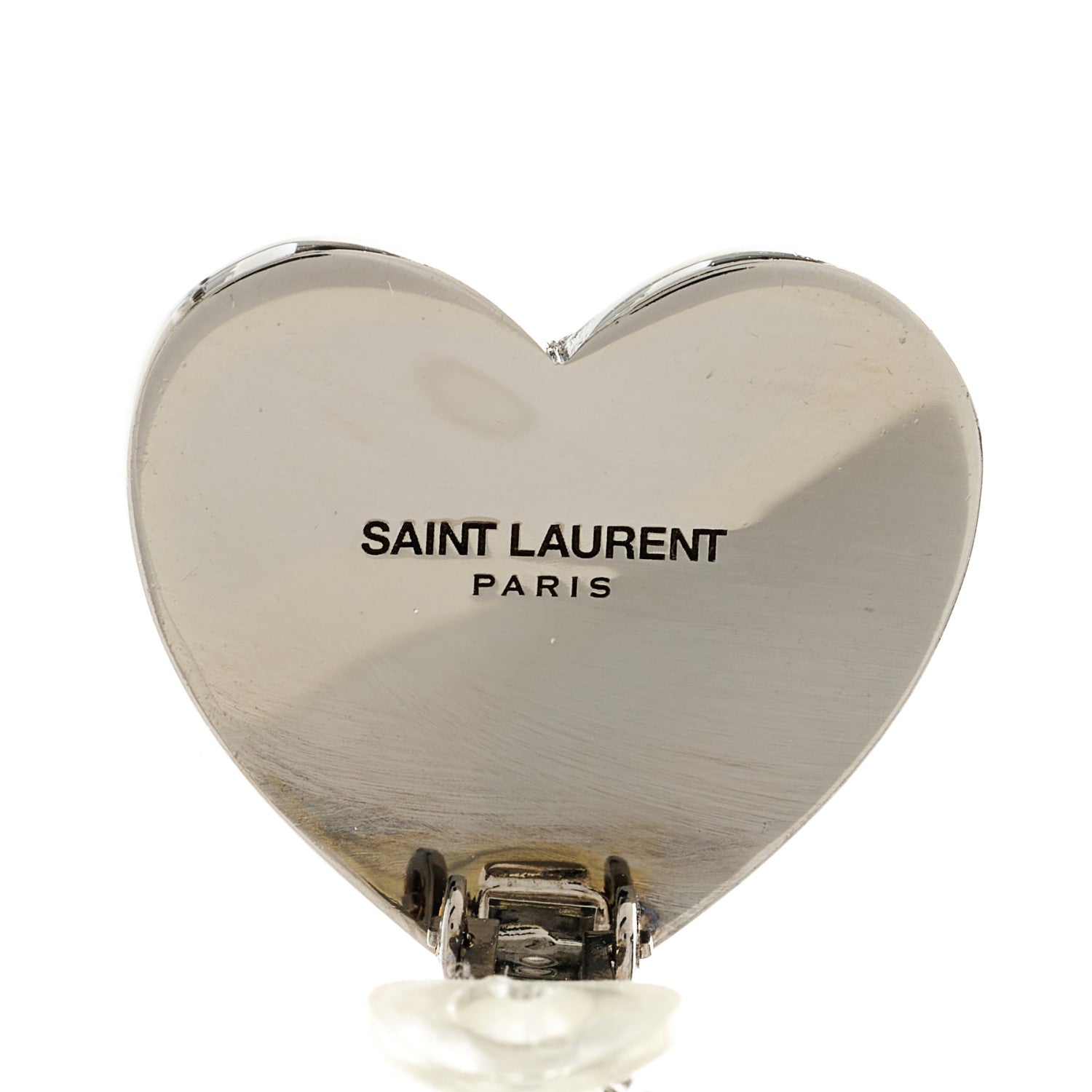 Saint Laurent Brass Crystal Monogram Heart Drop Clip Earrings Silver 4 of 4
