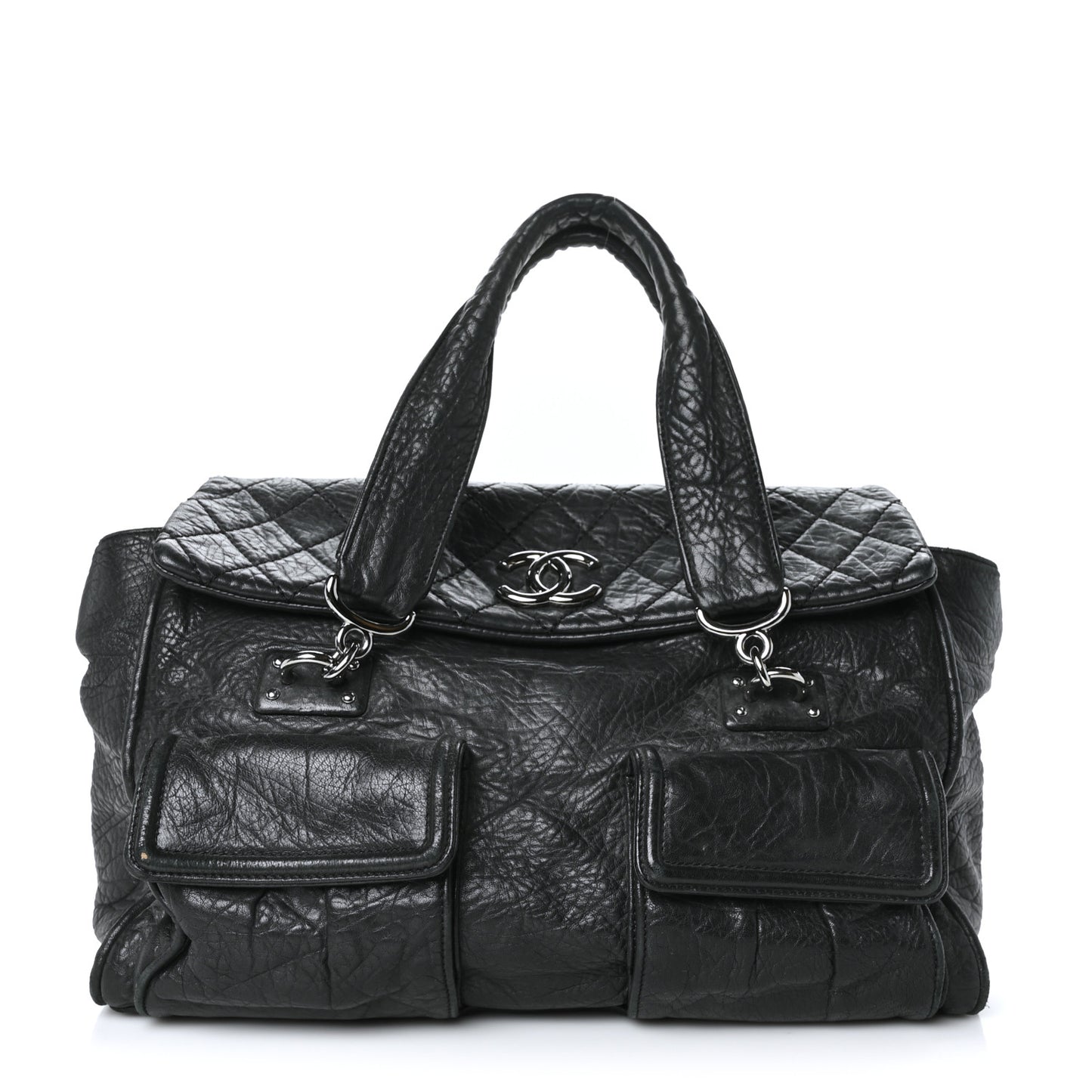 Distressed Lambskin Quilted Le Marais Front Pocket Bowling Bag Black