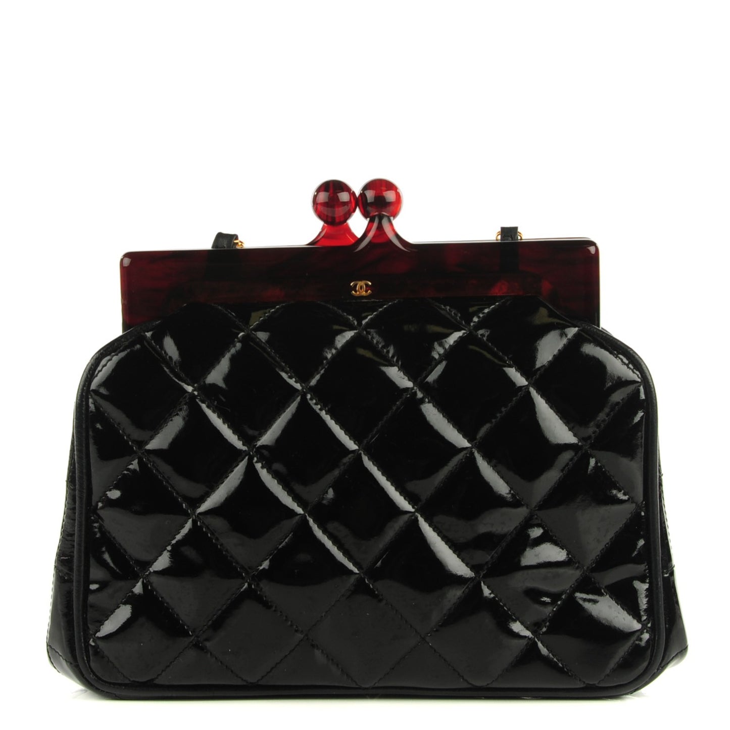 Patent Quilted Bijoux Chain Kiss Lock Frame Evening Bag Black