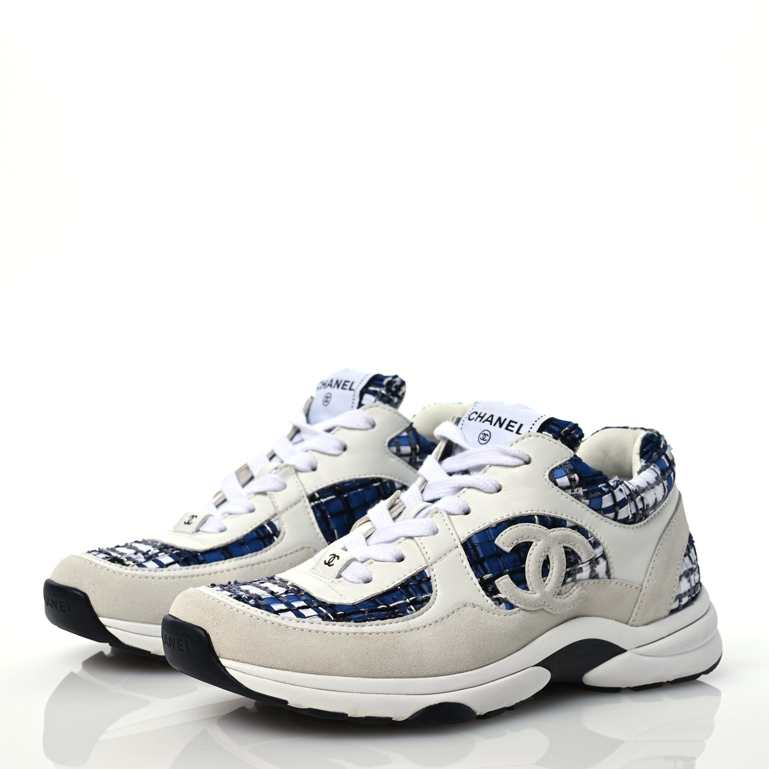 Chanel Tweed Suede Calfskin Womens CC Sneakers 38.5 Dark Blue Black Grey White 3 of 10