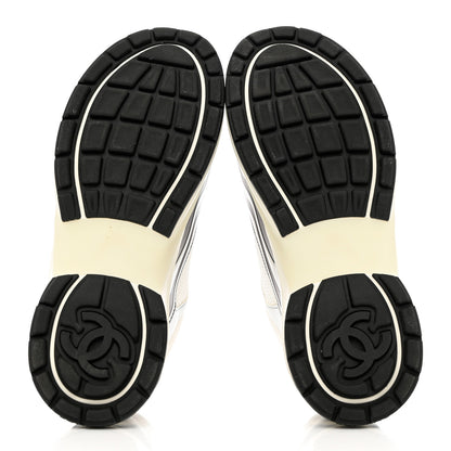 Chanel Fabric Laminated Calfskin Stretch CC Sneakers 38 White Silver 5 of 11