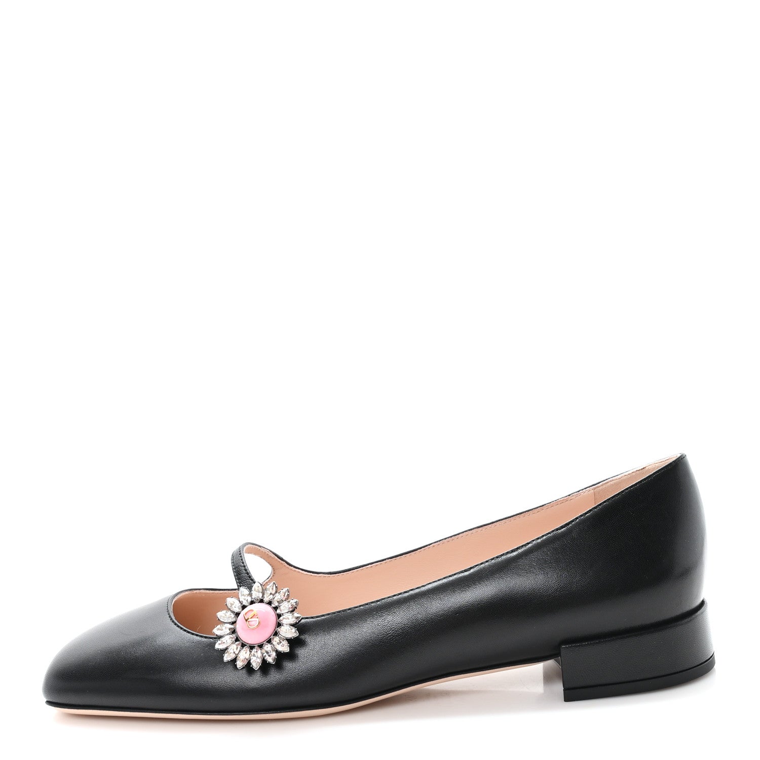 Valentino Garavani Kidskin Jewel Button Mary Jane Flats  38.5 Black Pink 1 of 10
