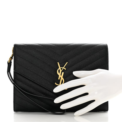 Saint Laurent Grain De Poudre Matelasse Chevron Monogram Envelope Clutch Black 2 of 9