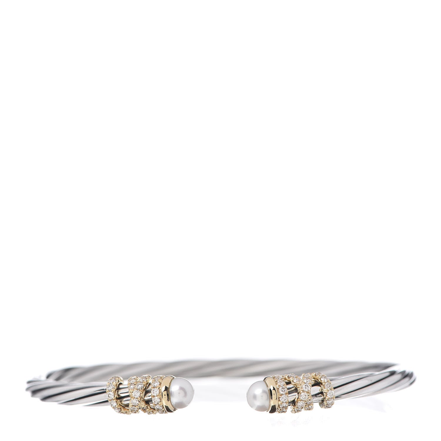 David Yurman Sterling Silver 18K Yellow Gold Diamond Pearl Helena Cuff Bracelet 1 of 6