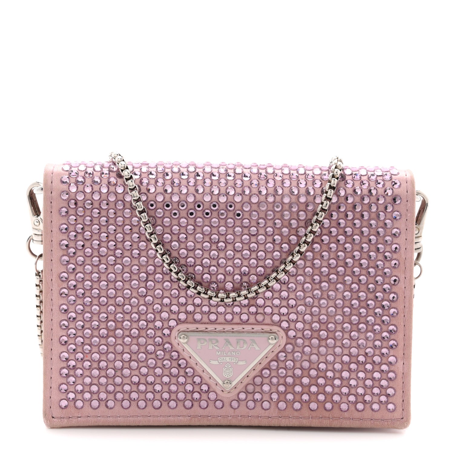 Prada Satin Crystal Metal Triangle Logo Card Holder With Strap Alabastro 1 of 12