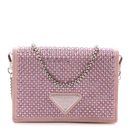 Prada Satin Crystal Metal Triangle Logo Card Holder With Strap Alabastro 1 of 12