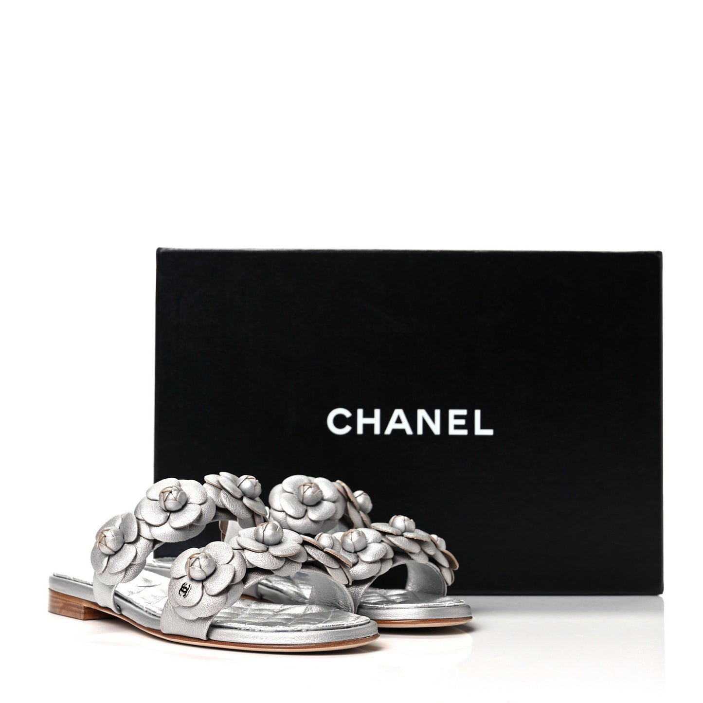 Metallic Lambskin Camellia Slide Sandals 35 Silver