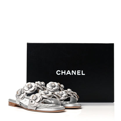Chanel Metallic Lambskin Camellia Slide Sandals 35 Silver 9 of 9