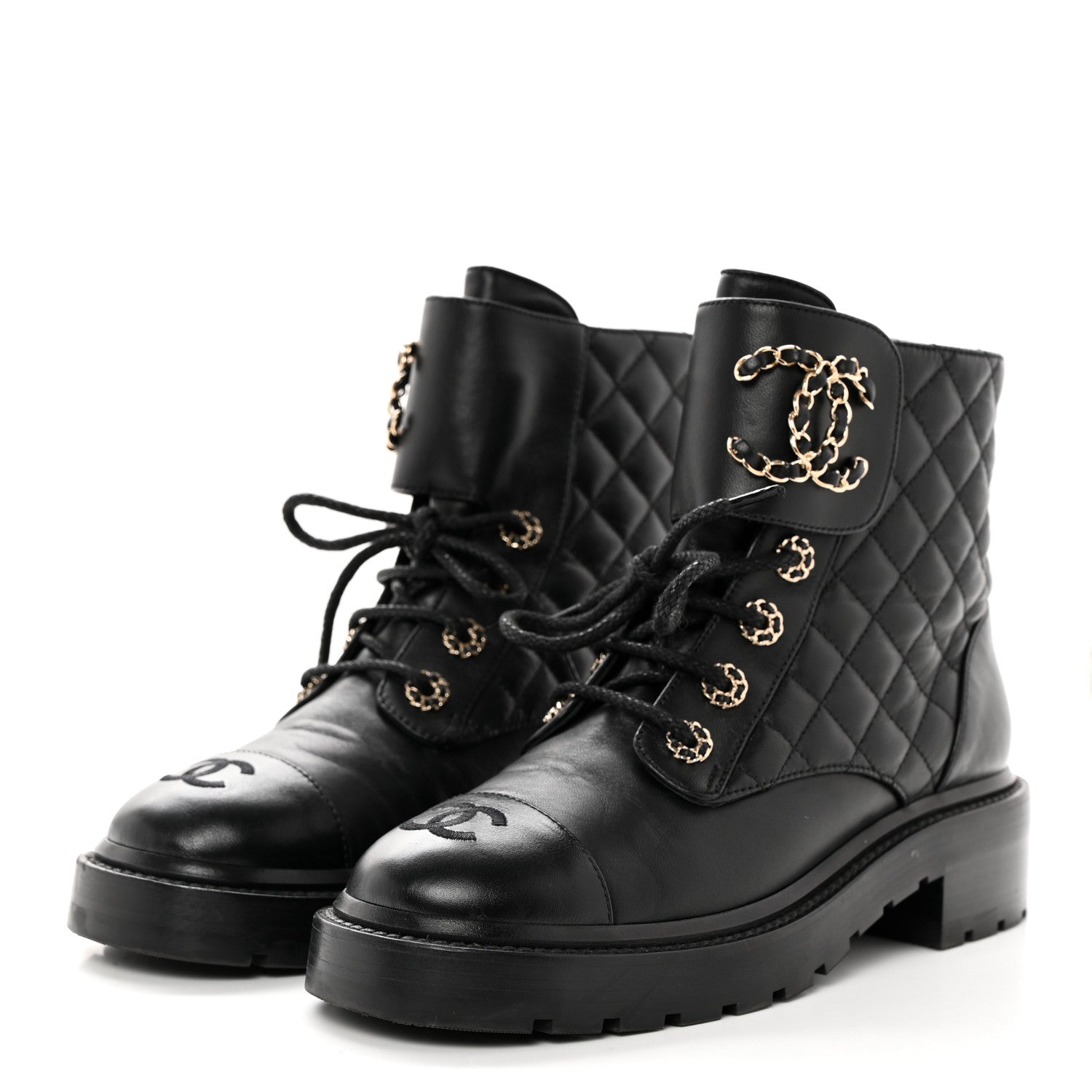 Chanel Shiny Lambskin Quilted Lace Up Combat Boots 37 Black 3 of 12