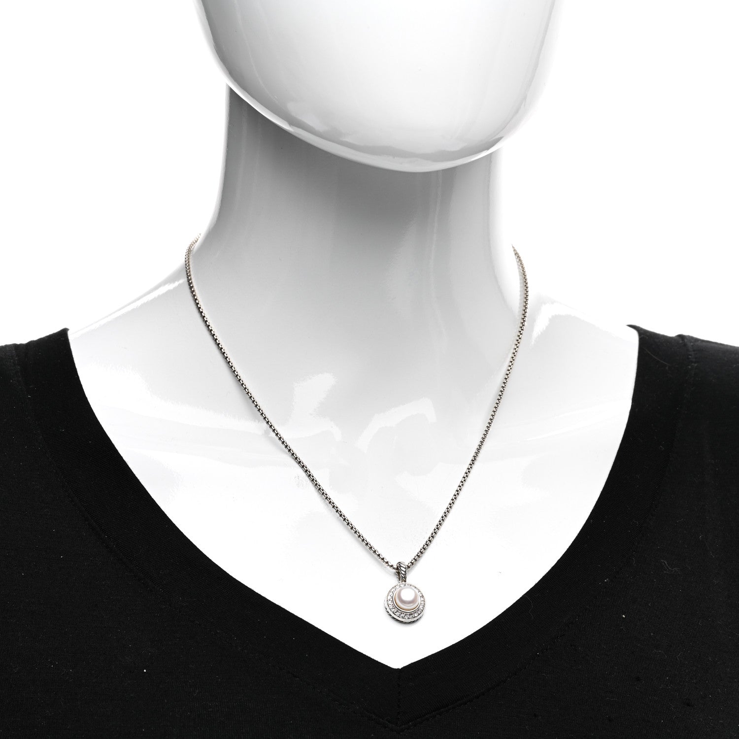 David Yurman Sterling Silver Diamond Pearl 8mm Cerise Pendant Necklace 2 of 4