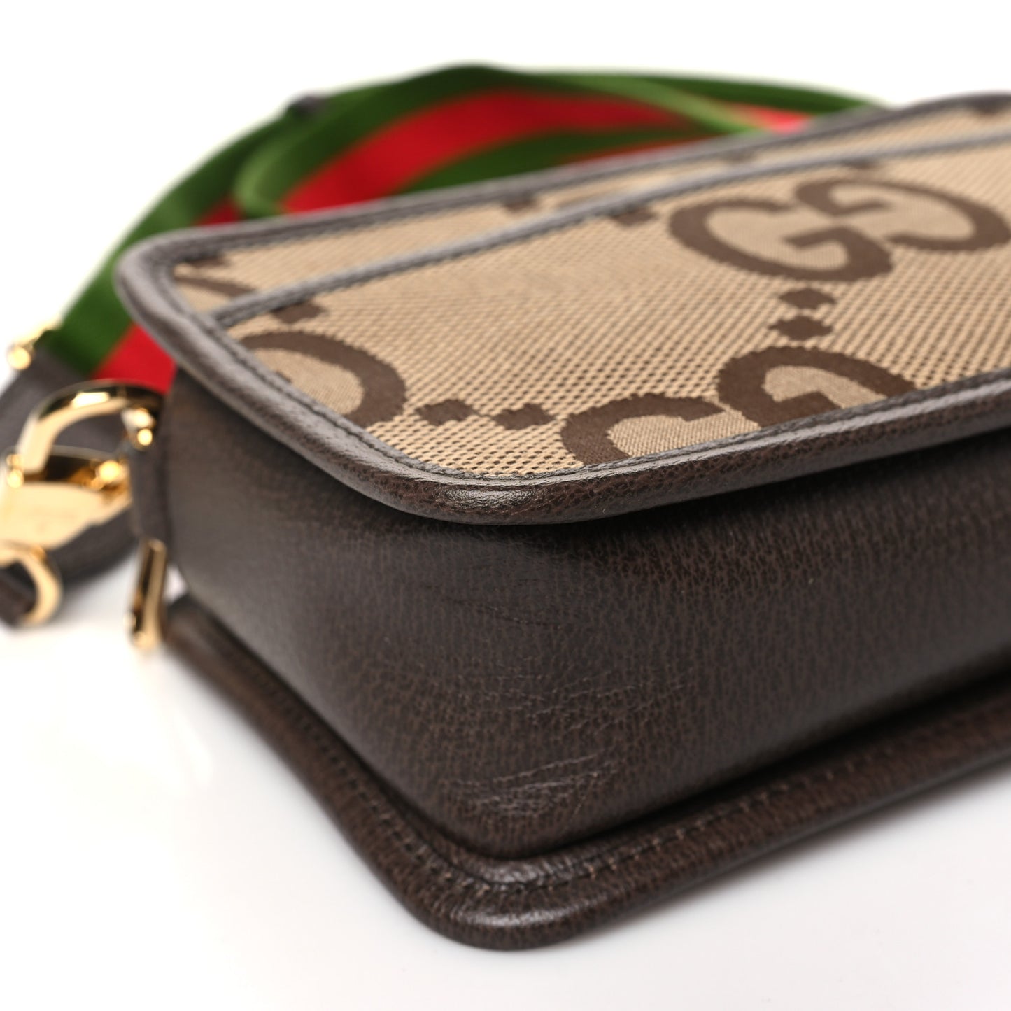 Monogram Jumbo GG Textured Dollar Calfskin Web Mini Crossbody Bag Camel Ebony New Acero