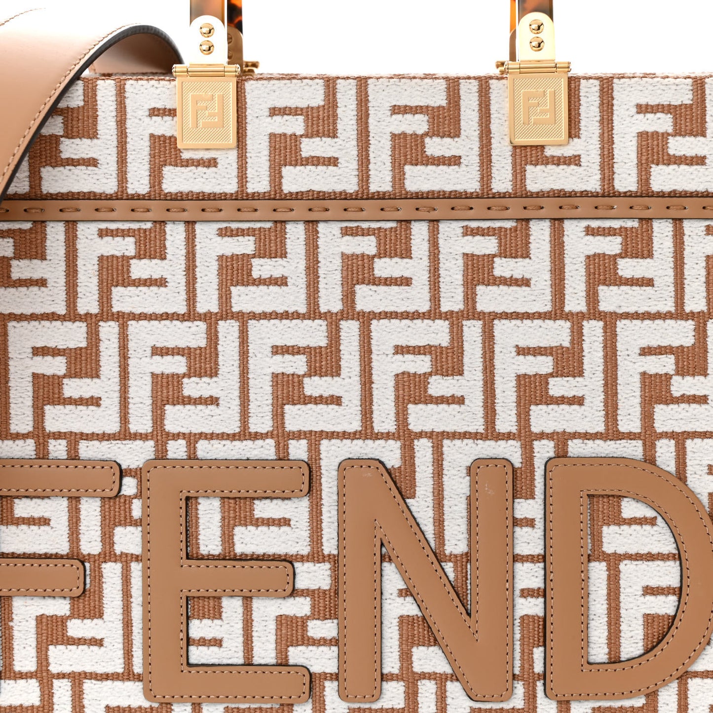 Woven Fabric Calfskin FF Medium Fendi Sunshine Shopper Tote Natural White Dark Honey
