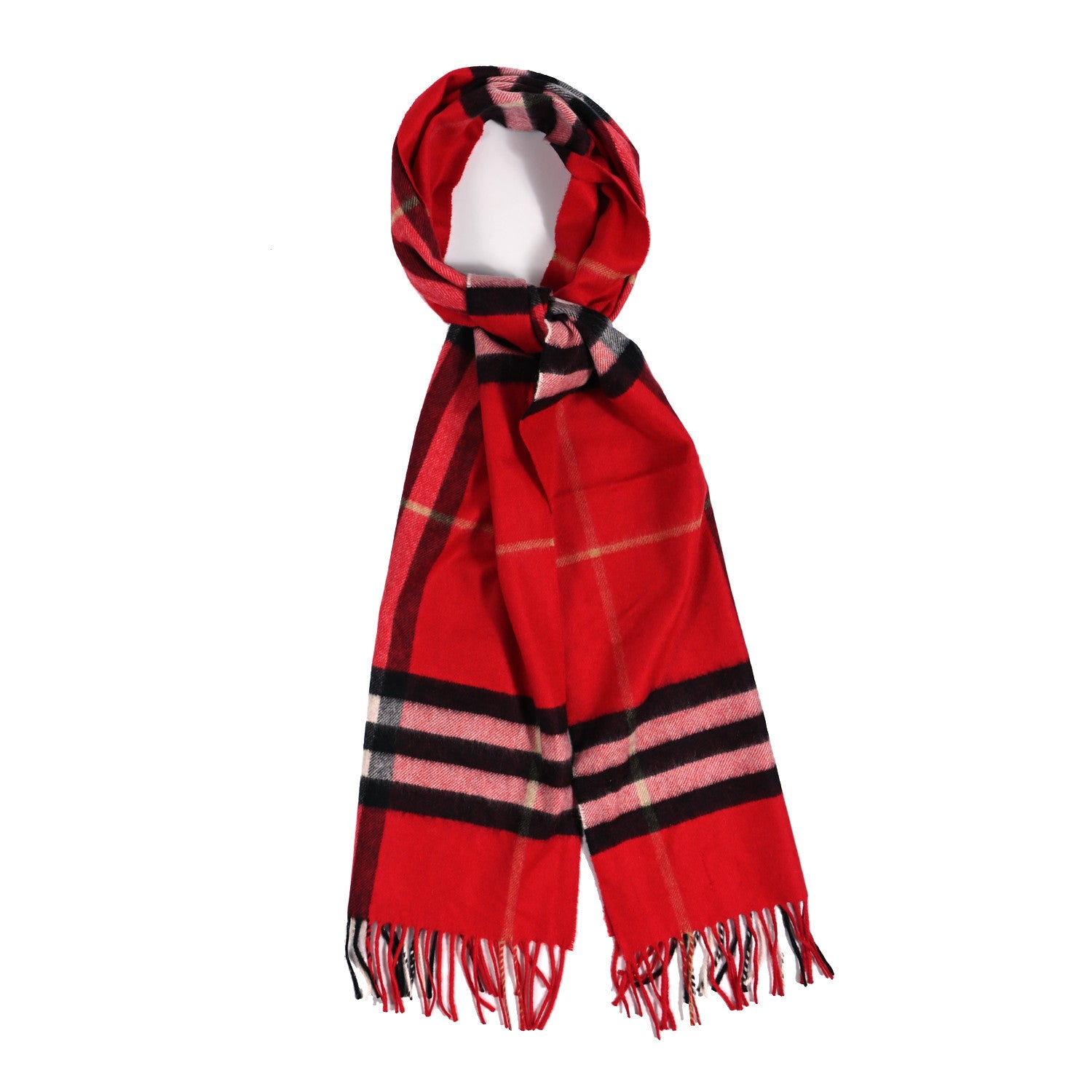 Burberry Wool Cashmere Check Fringe Scarf Claret 1 of 4
