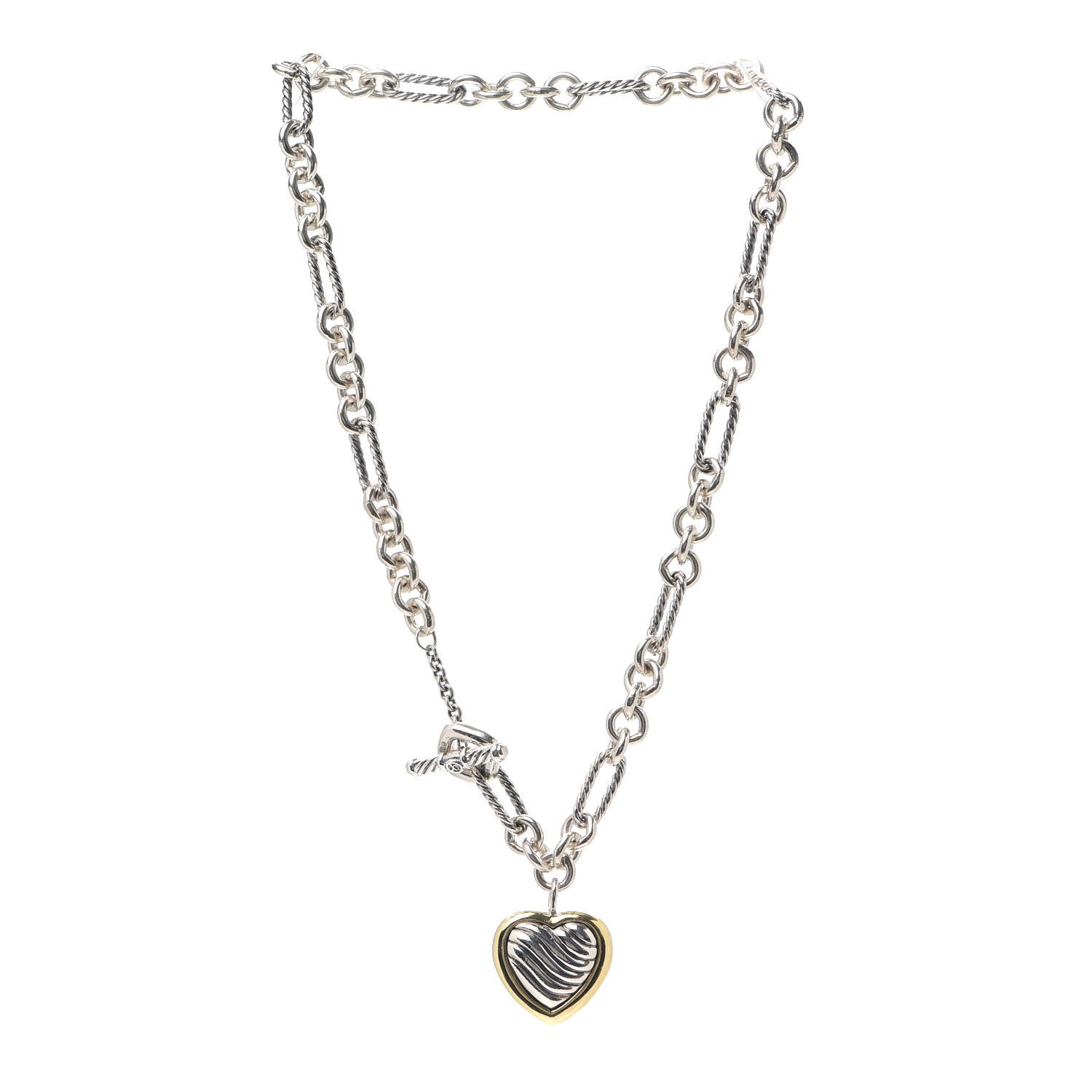 David Yurman Sterling Silver 18K Yellow Gold Cable Heart Figaro Necklace 3 of 4