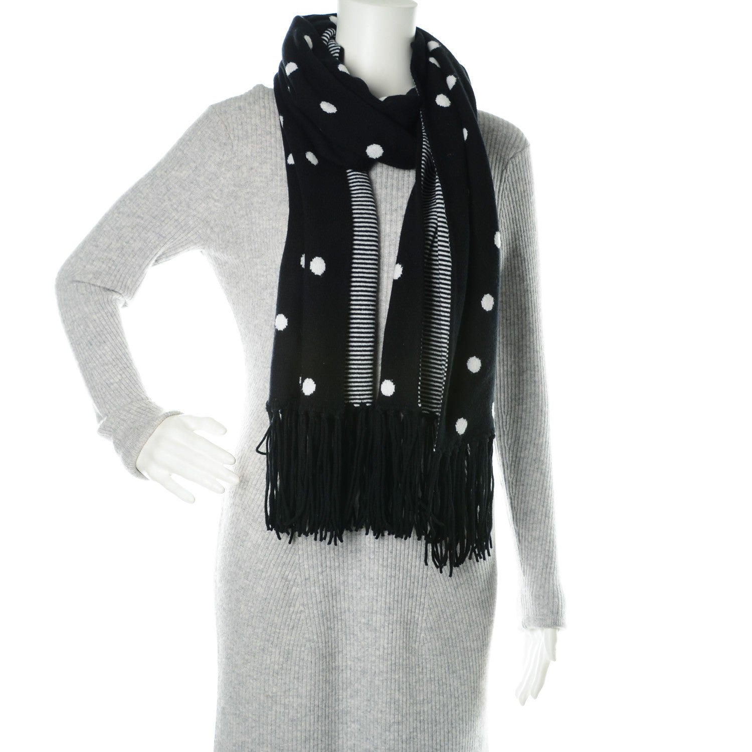 Chanel Cashmere Crystal CC Fringe Scarf Black White 2 of 5