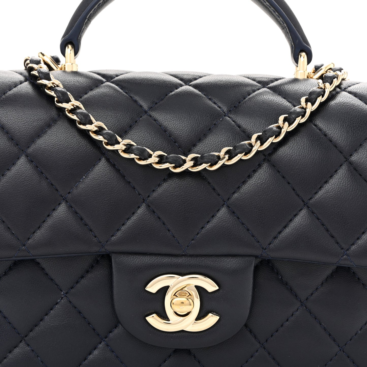 Lambskin Quilted Mini Top Handle Rectangular Flap Navy Blue