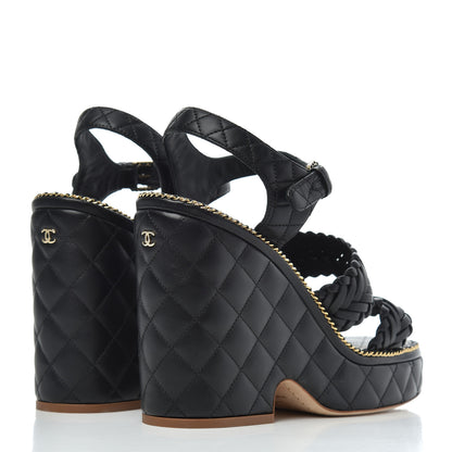Chanel Calfskin Quilted Chain Around Wedge Sandals 39.5 Black 4 of 20