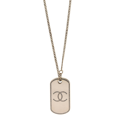 Chanel Metal Crystal Dog Tag Charm Necklace Gold 1 of 6