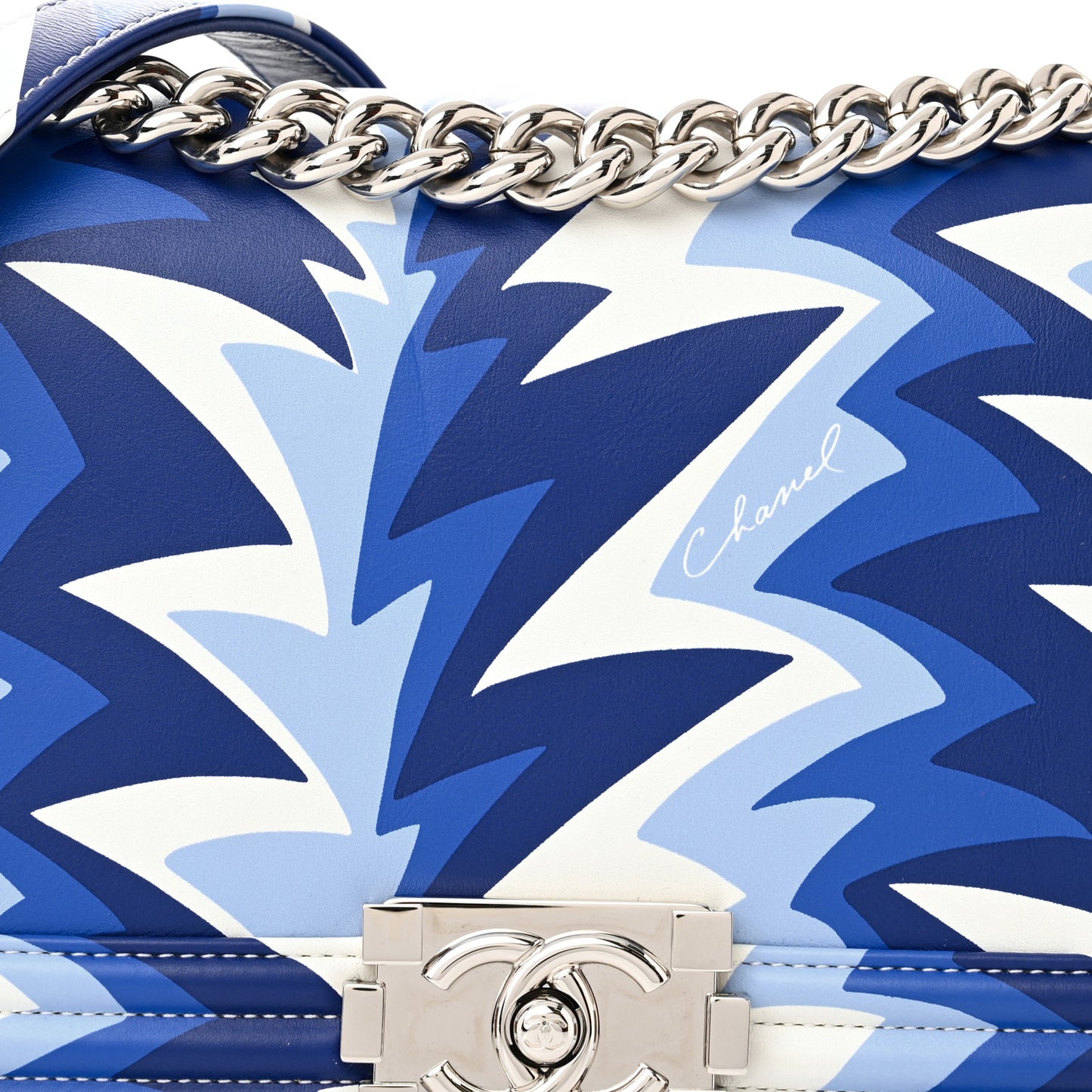 Printed Calfskin Medium Boy Flap Blue White
