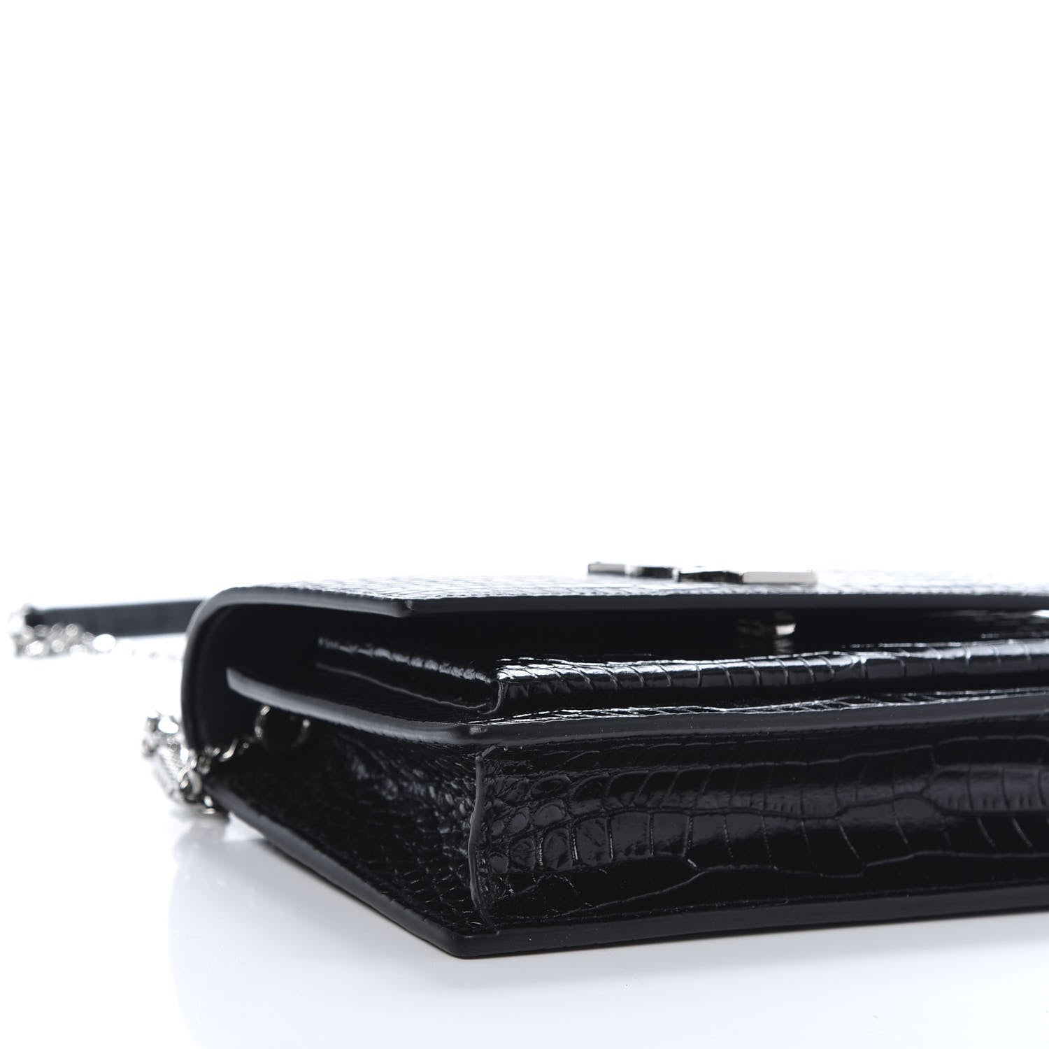 Saint Laurent Calfskin Crocodile Embossed Monogram Sunset Top Handle Chain Wallet Black 6 of 12