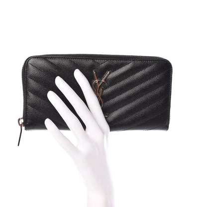 Saint Laurent Grain De Poudre Matelasse Chevron Monogram Zip Around Wallet Black 2 of 7
