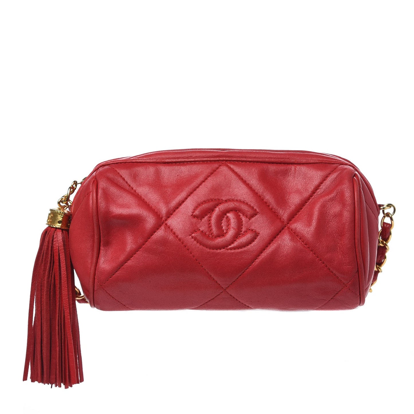 Lambskin Quilted Small Tassel Camera Case Red