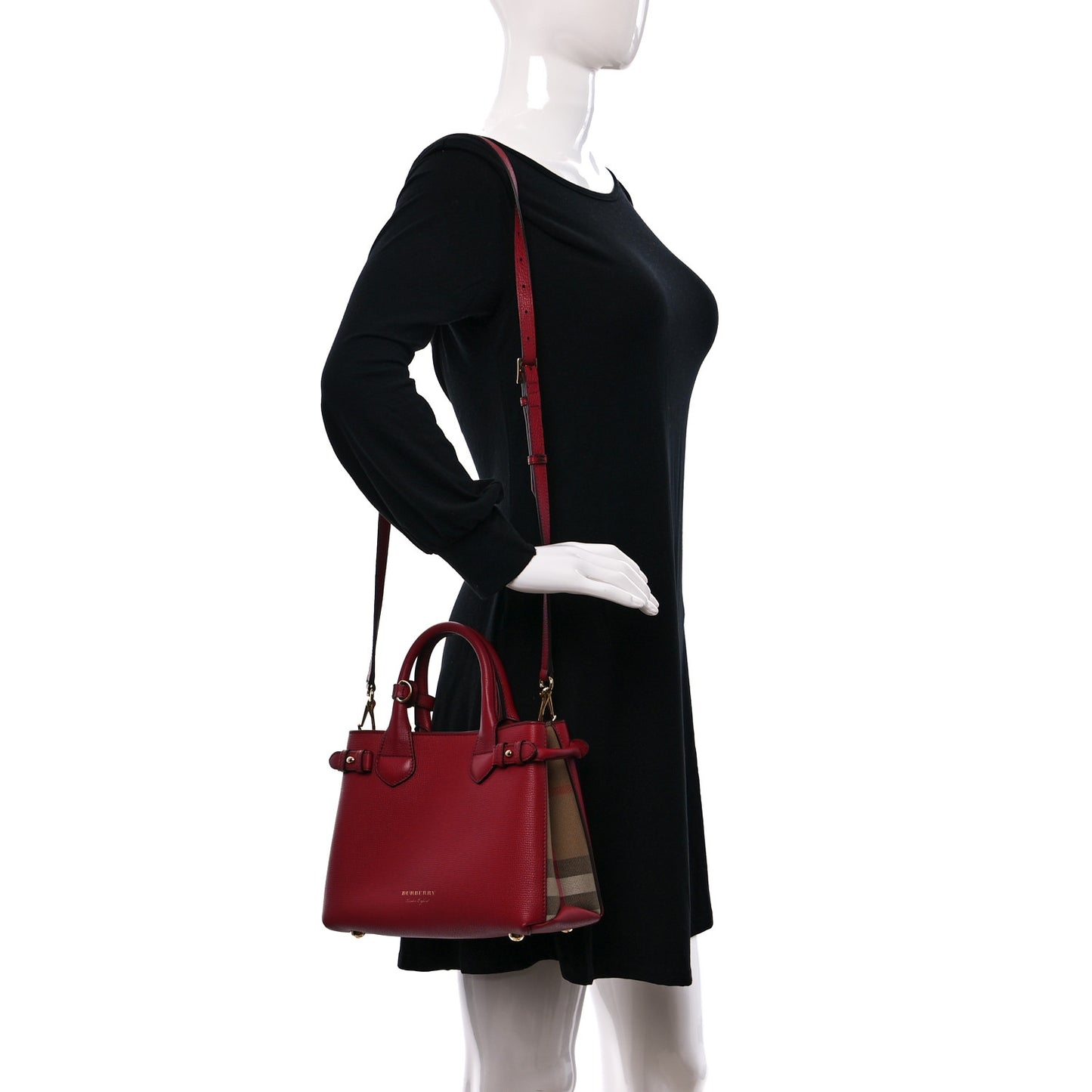 Grainy Calfskin House Check Small Banner Tote Red