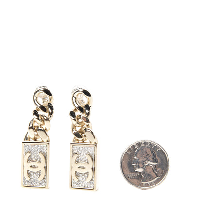 Chanel Crystal Dog Tag Charm Clip On Earrings Gold 2 of 5