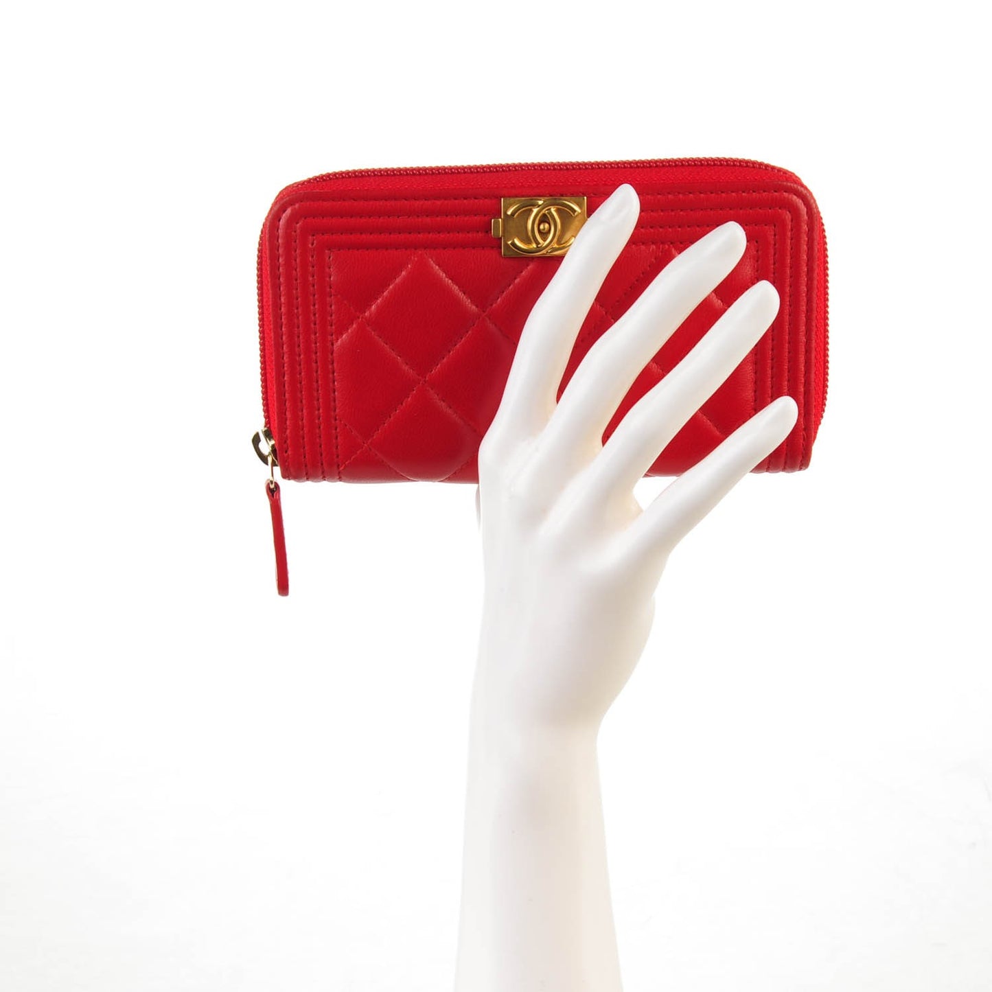 Lambskin Quilted Small Boy Zip Around Wallet Red