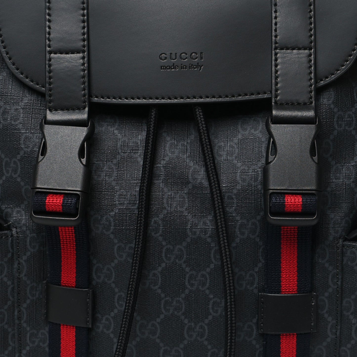 Soft GG Supreme Monogram Calfskin Web Double Buckle Backpack Black