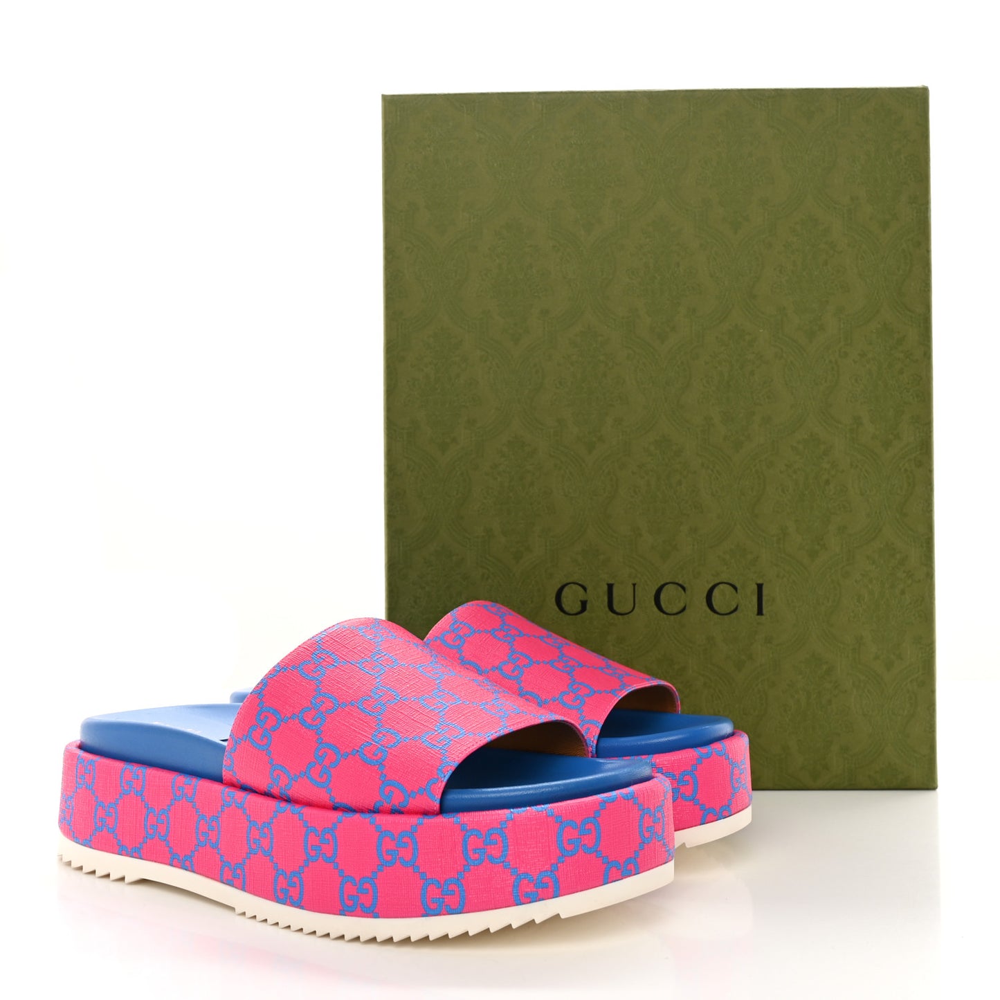 GG Supreme Joy Monogram Angelina Platform Slide Sandals 40.5 Fuxia Blue