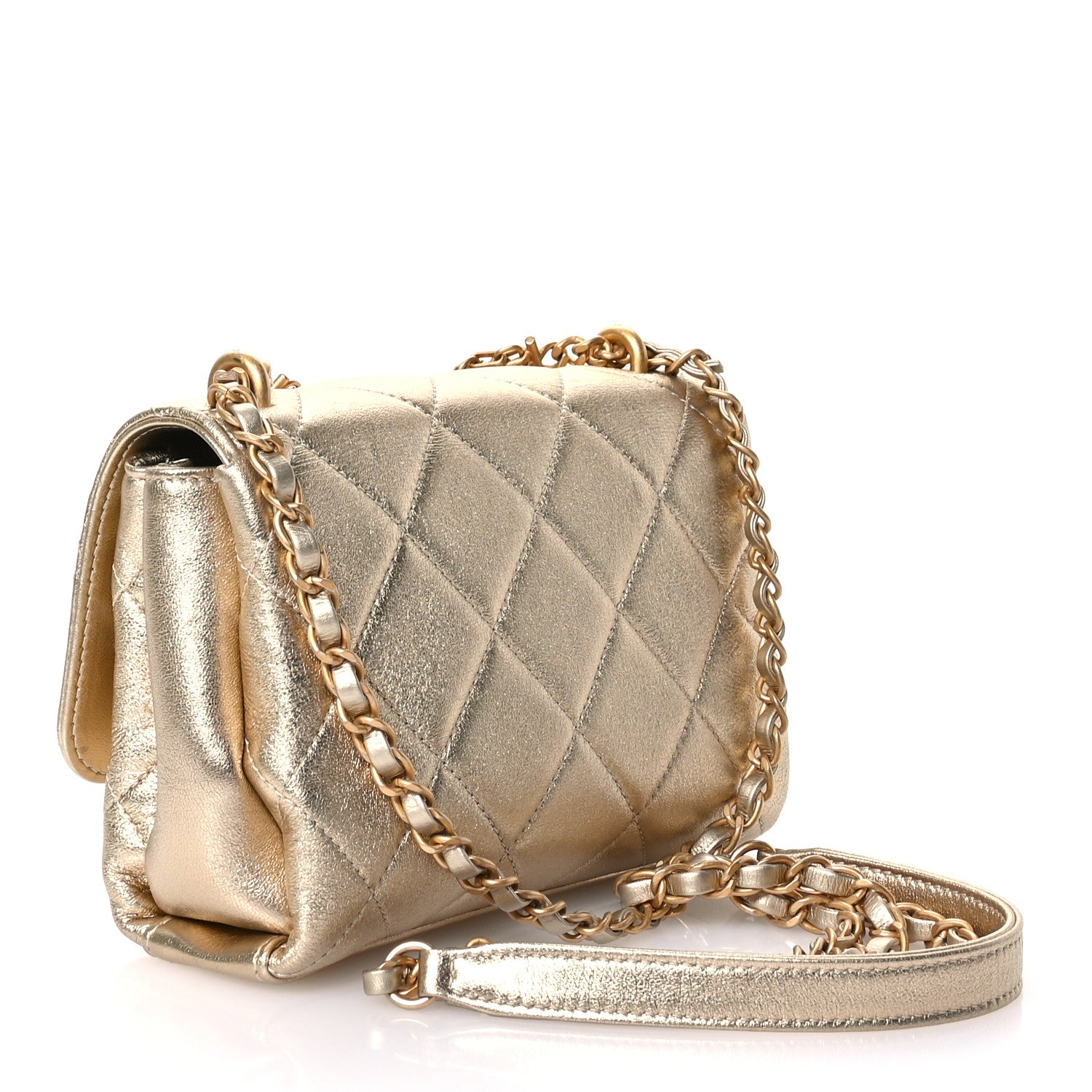 Chanel Metallic Lambskin Quilted Mini CC Crystal Logo Chain Flap