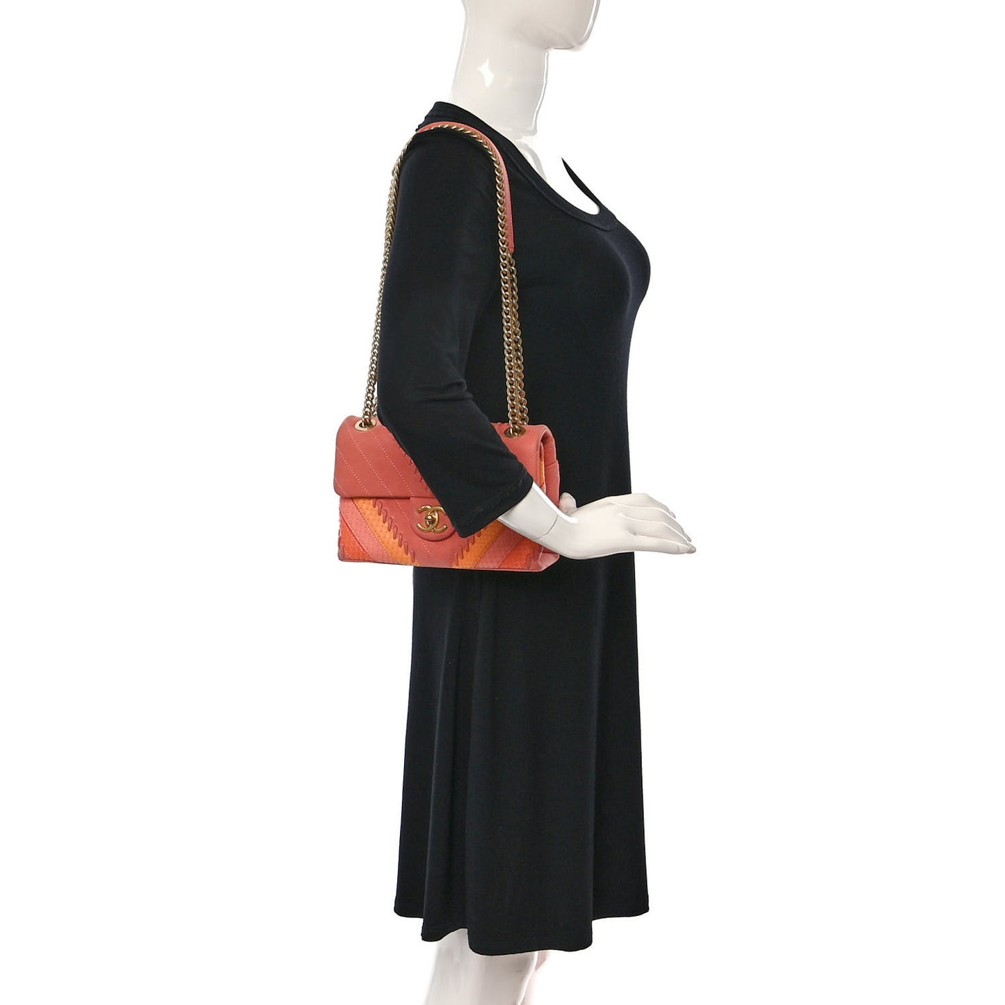 Iridescent Calfskin Snakeskin Patchwork Chevron Flap Coral