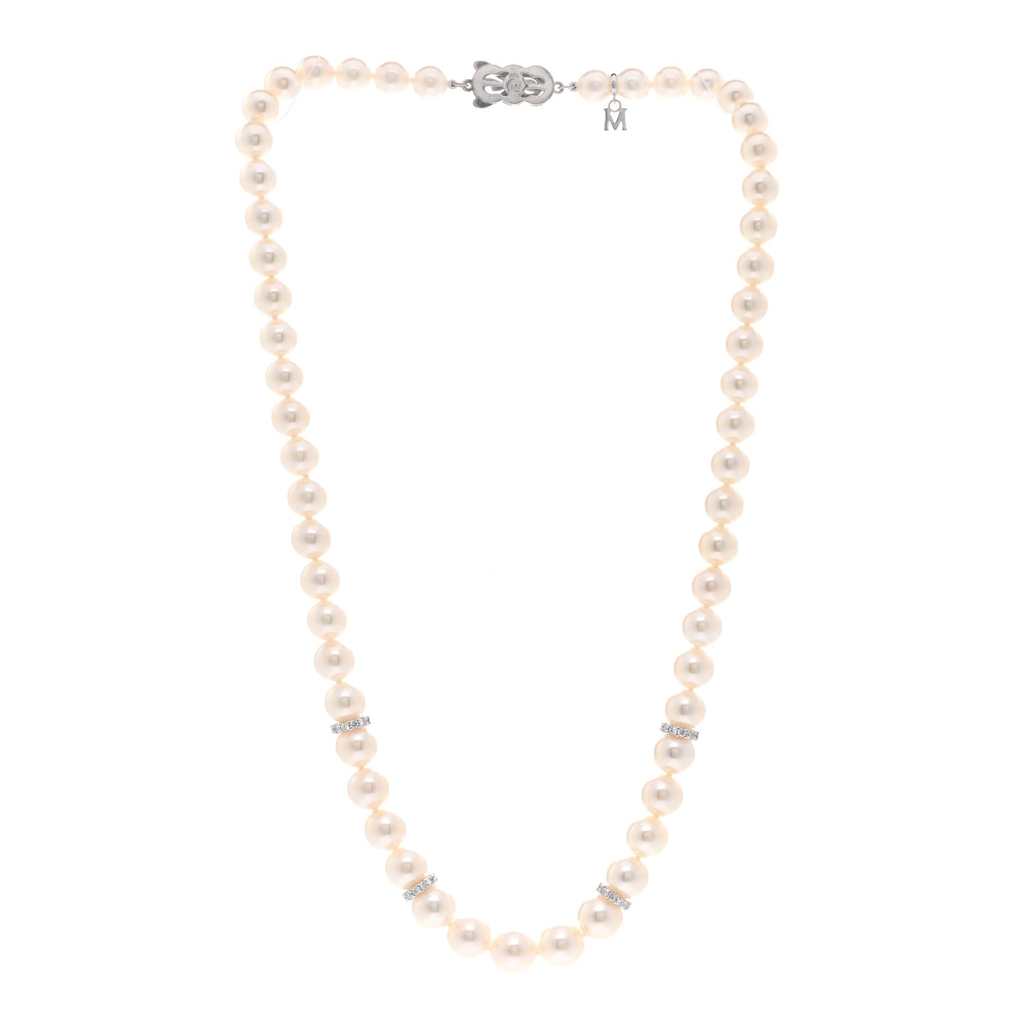 18K White Gold Diamond Akoya Pearl 7-9mm Graduated Strand Rondelle Necklace