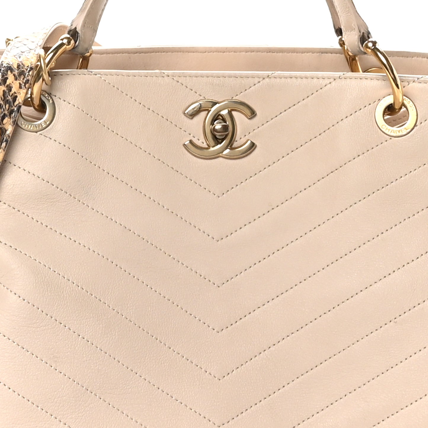 Calfskin Elaphe Stitched Large Chevron Chic Shopping Bag Beige