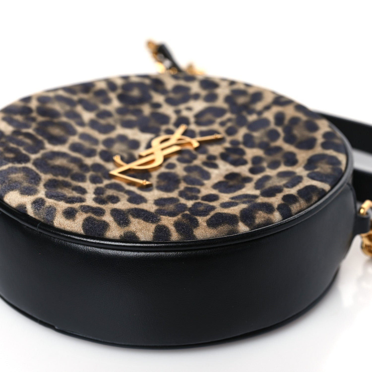 Saint Laurent Smooth Calfskin Suede Leopard Print Round Vinyle Camera Bag Black 9 of 10