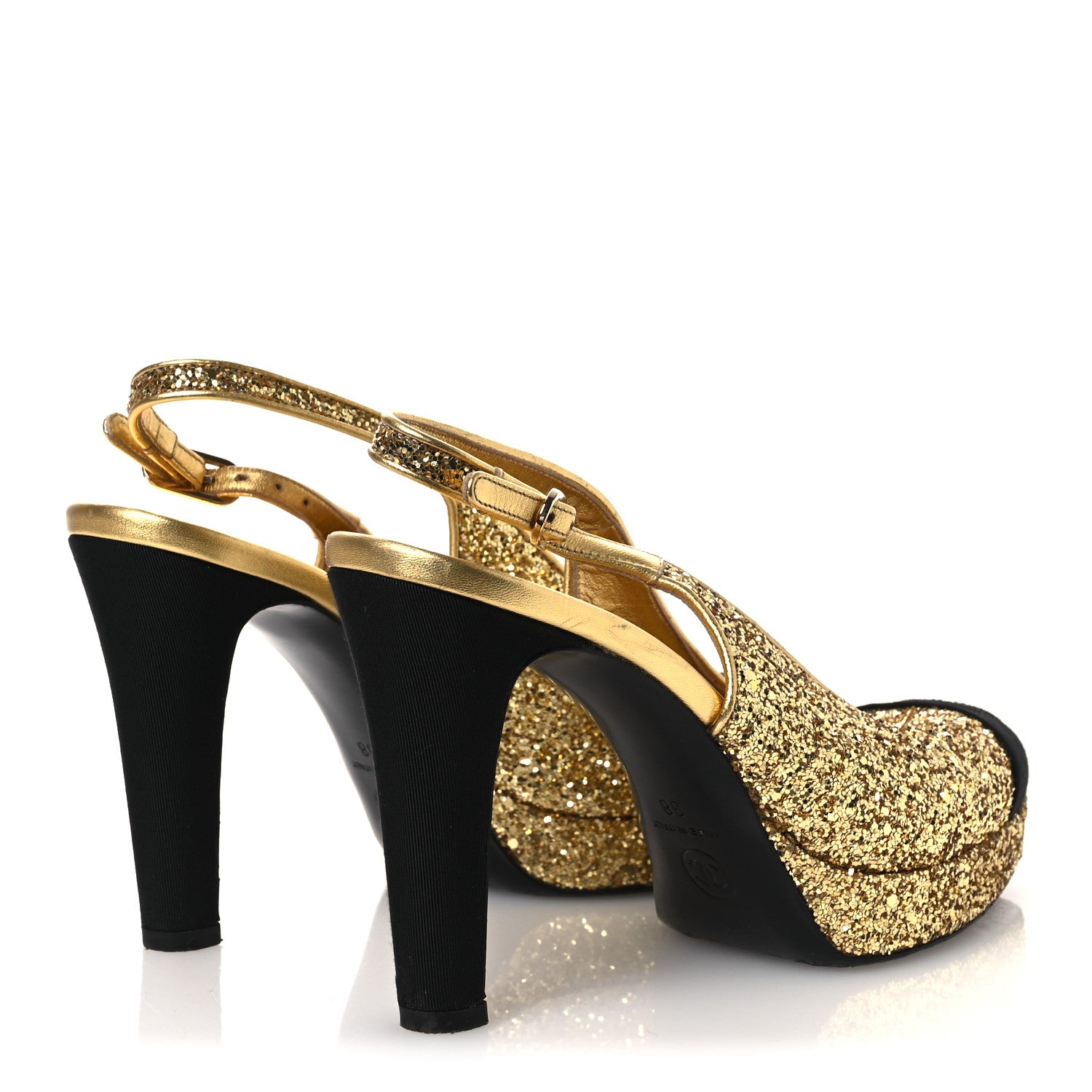 Chanel Glitter Grosgrain Cap Toe CC Slingback Pumps 38 Gold Black 5 of 13