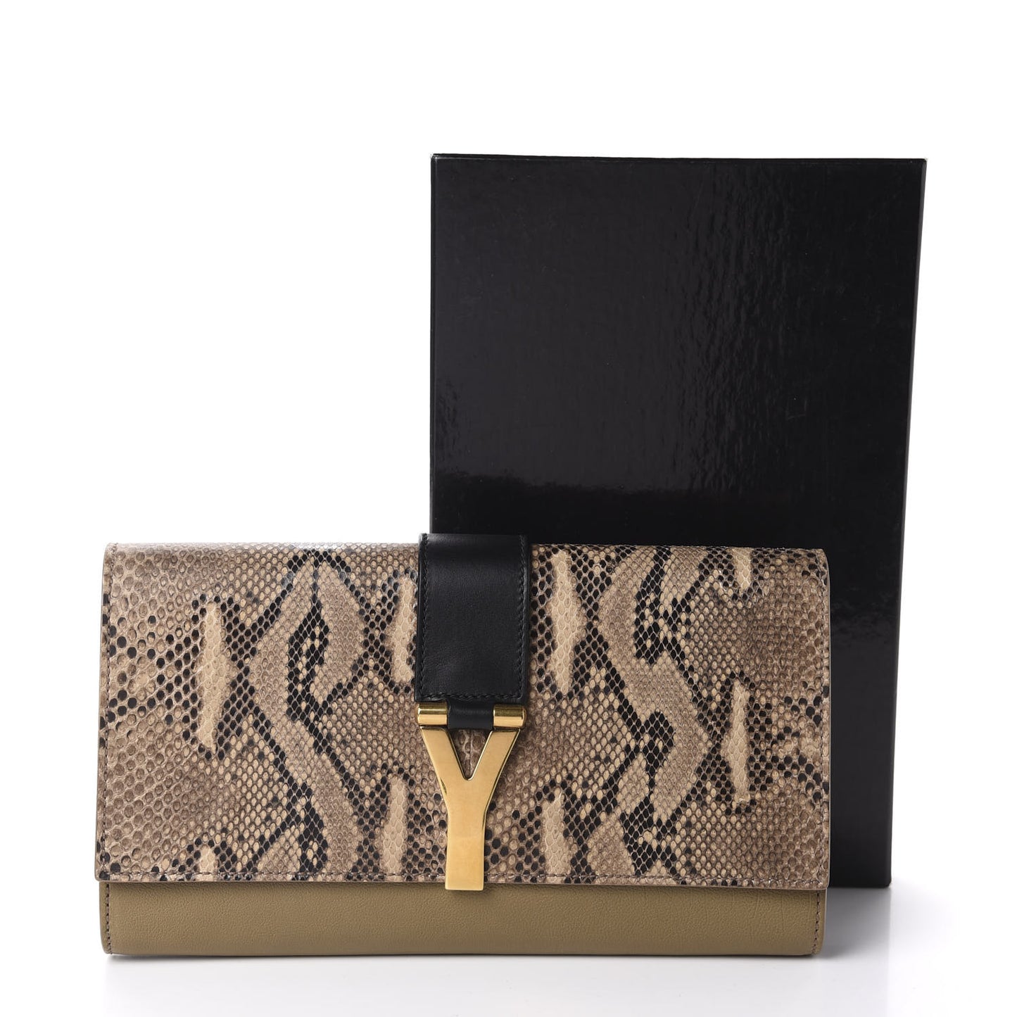 Snakeskin Calfskin Y Ligne Clutch Black Olive