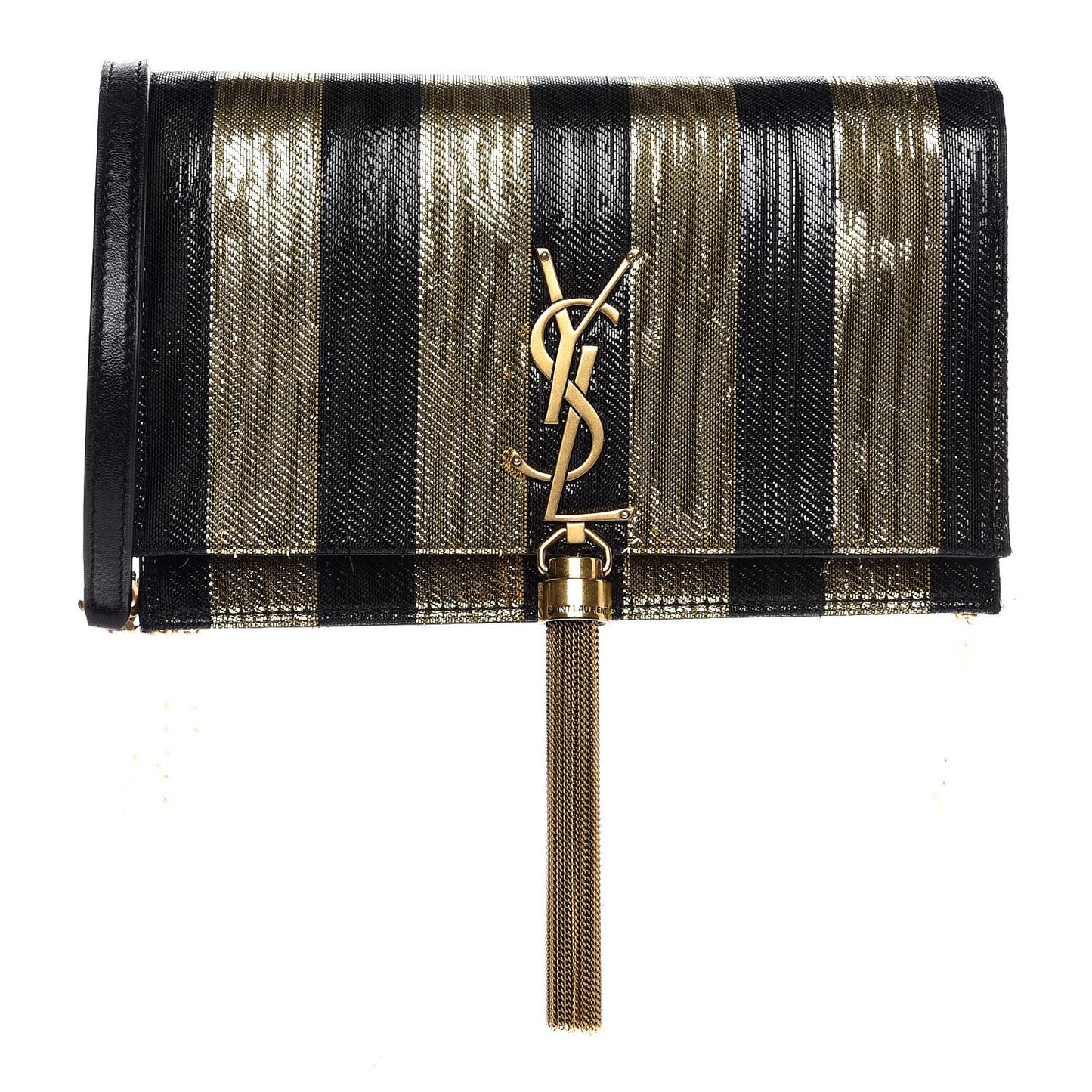 Sequin Striped Classic Monogram Kate Tassel Chain Wallet Black Gold