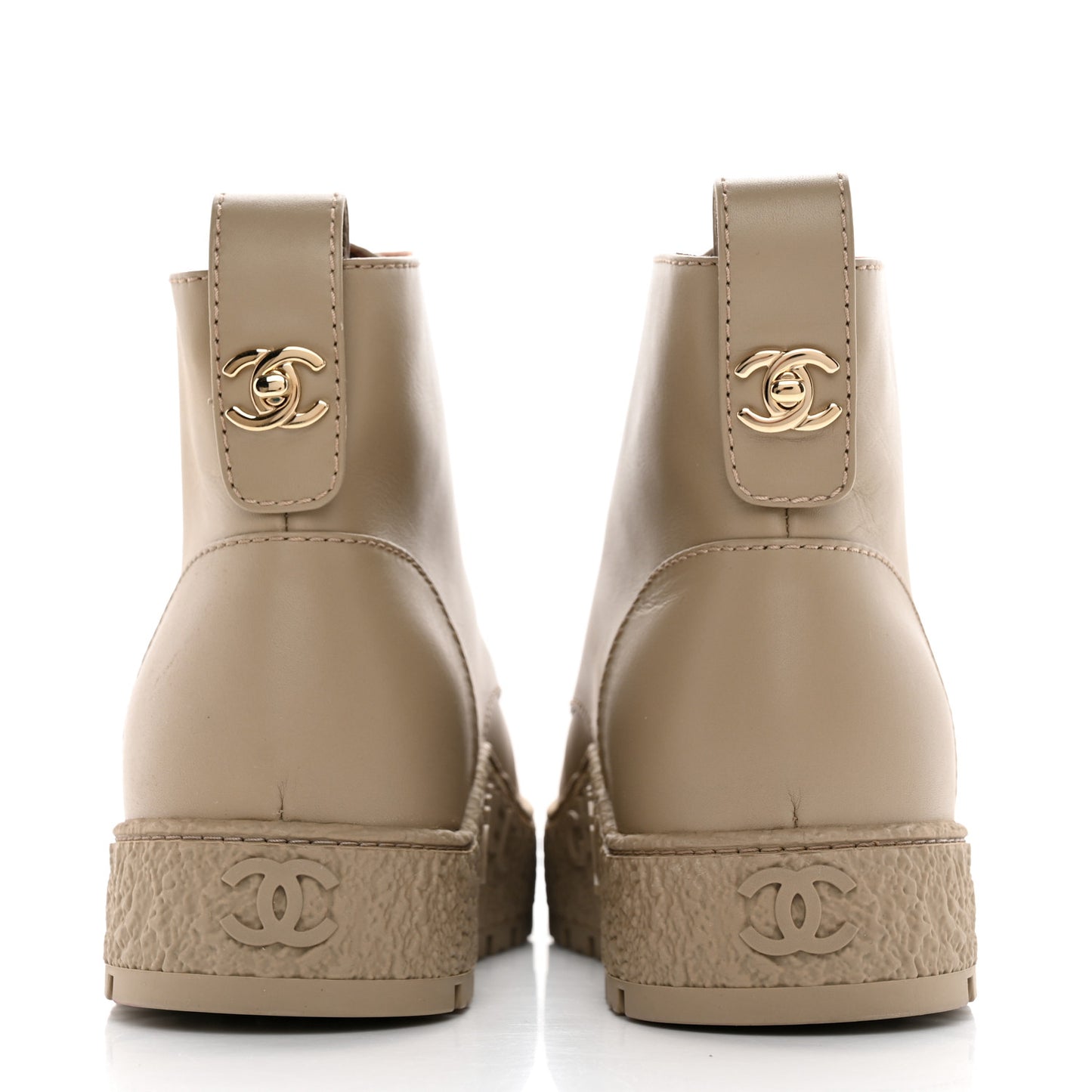 Calfskin CC Turnlock Lace Up Boots 38.5 Beige
