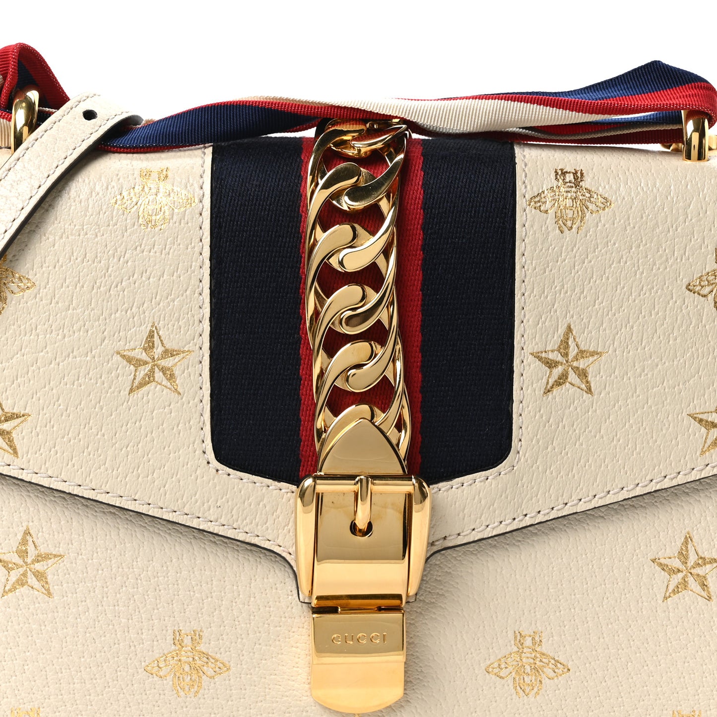 Textured Calfskin Bee Star Print Small Sylvie Shoulder Bag Mystic White