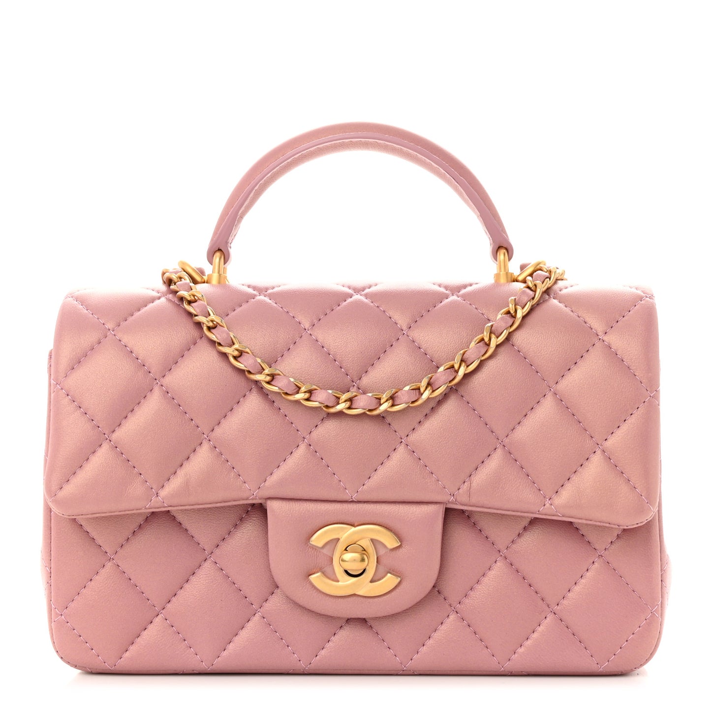 Iridescent Lambskin Quilted Mini Top Handle Rectangular Flap Pink