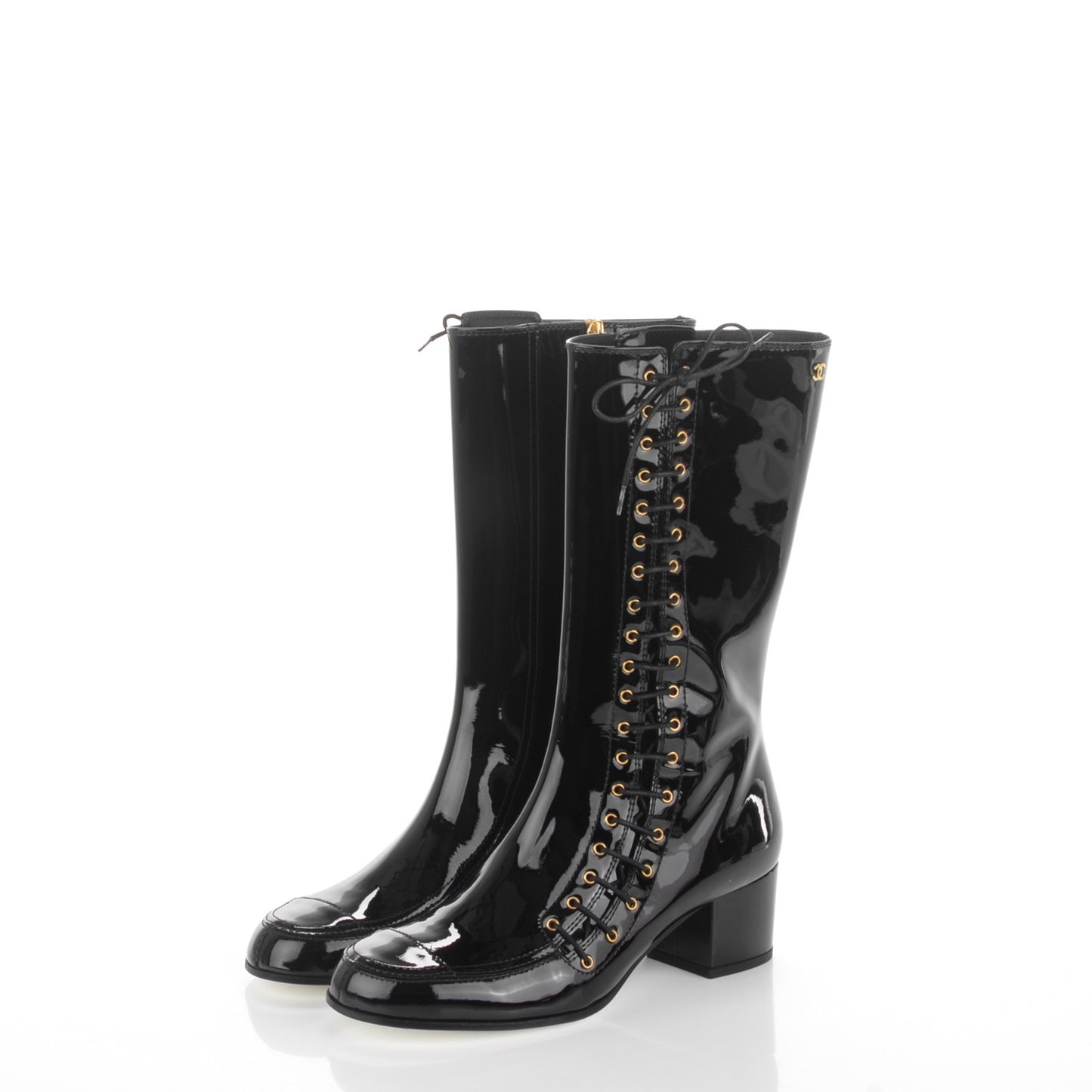 Patent Calfskin CC Lace Up Boots 38.5 Black