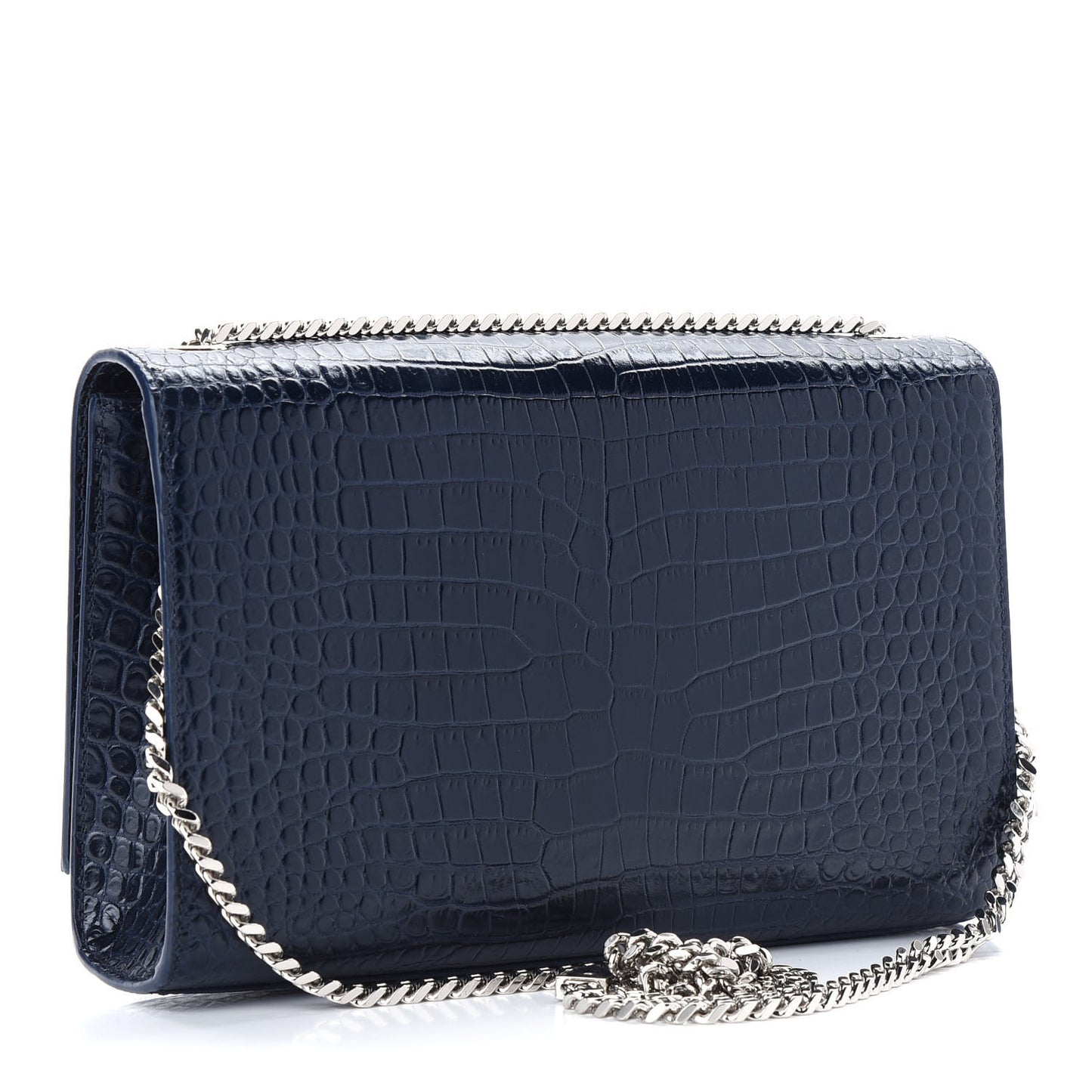 Calfskin Crocodile Embossed Medium Classic Monogram Kate Tassel Satchel Deep Marine